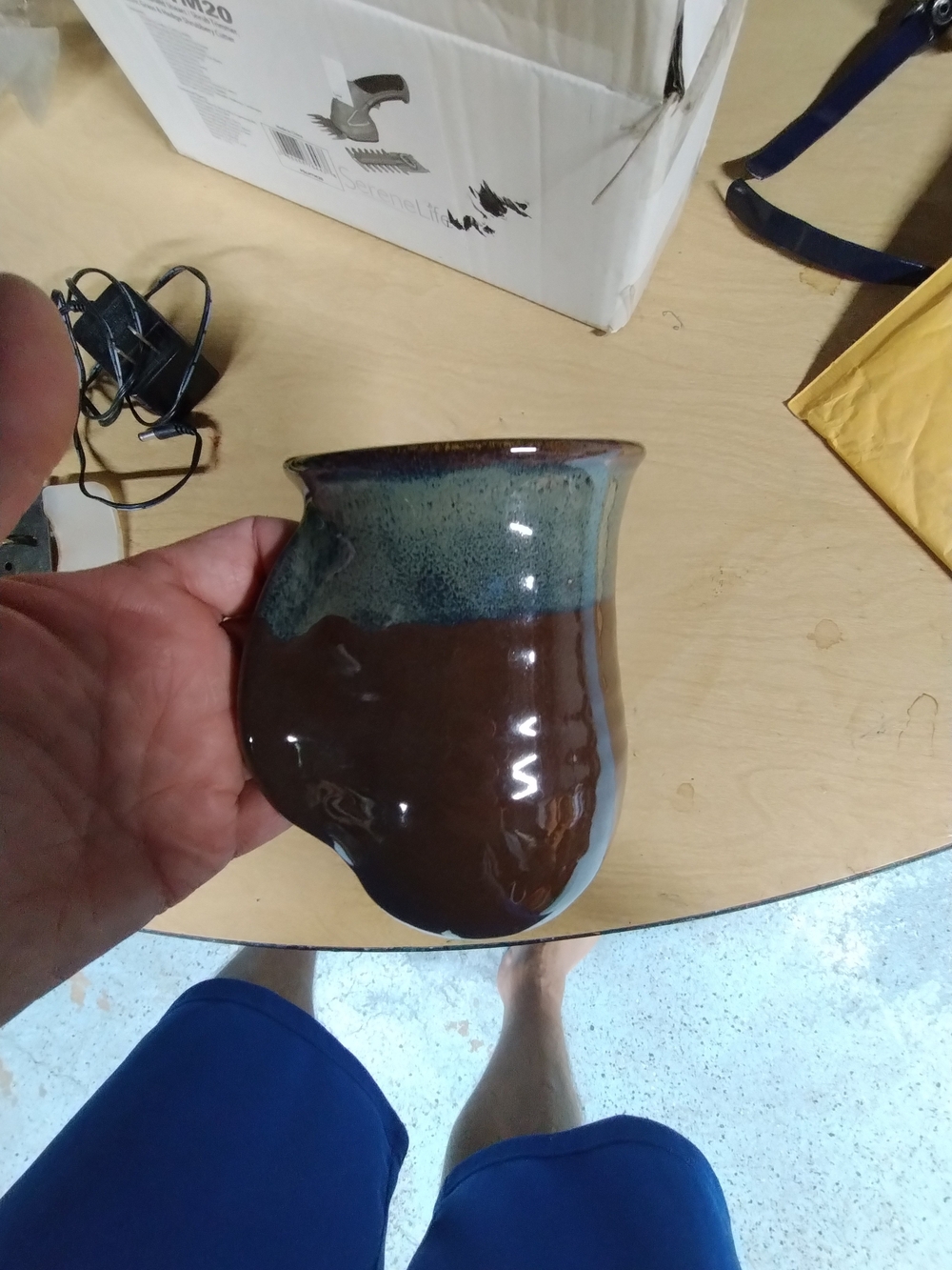 Two-Tone Glazed Ceramic Hand Warmer Coffee Cup Blue and Brown